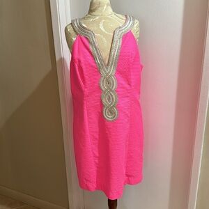 Lilly Pulitzer Aura Pink Metallic Trim Lined Valli Shift Hidden Zip Dress 16